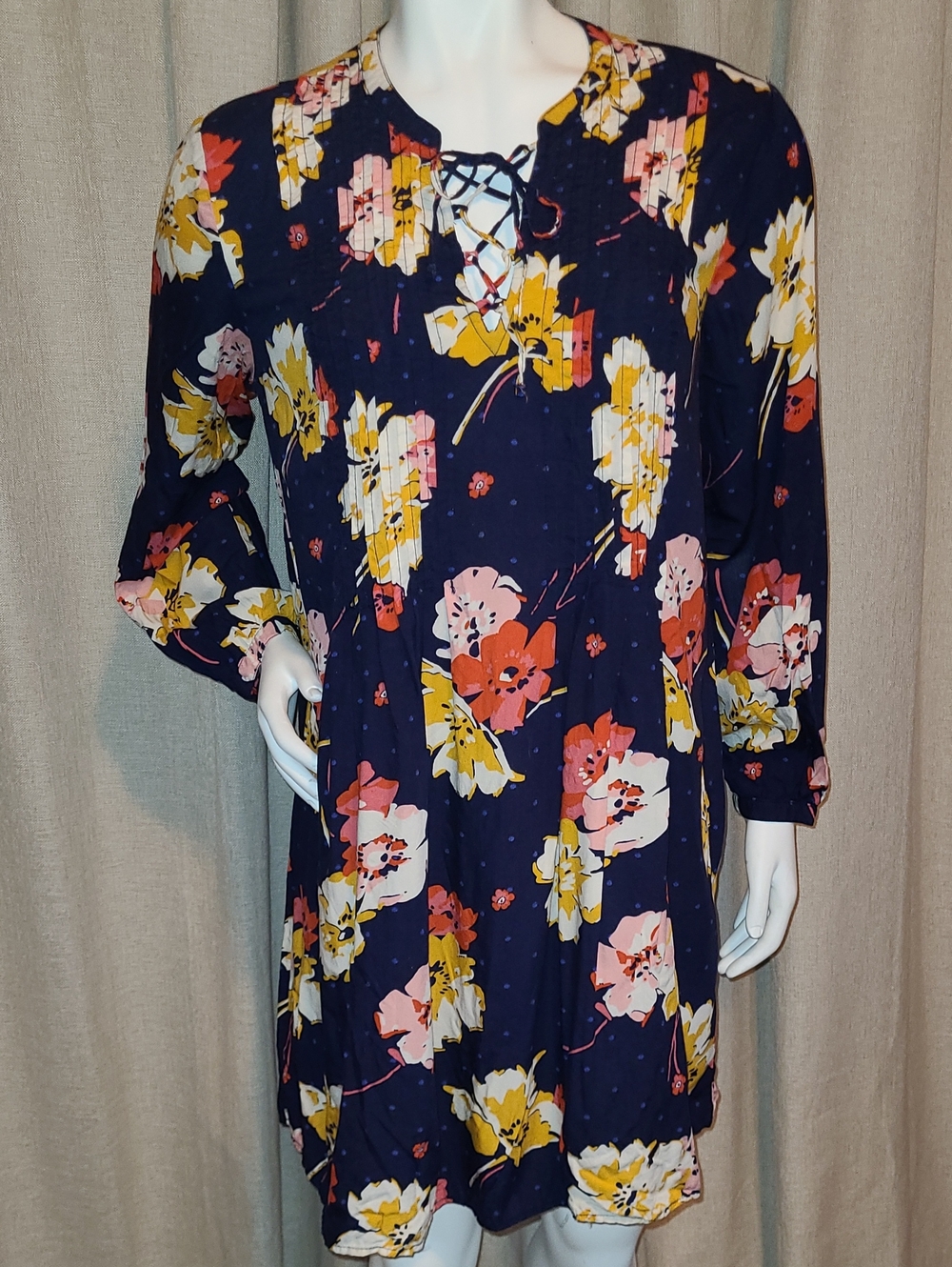 Old Navy Navy Floral Lace-Up Long Sleeve Dress